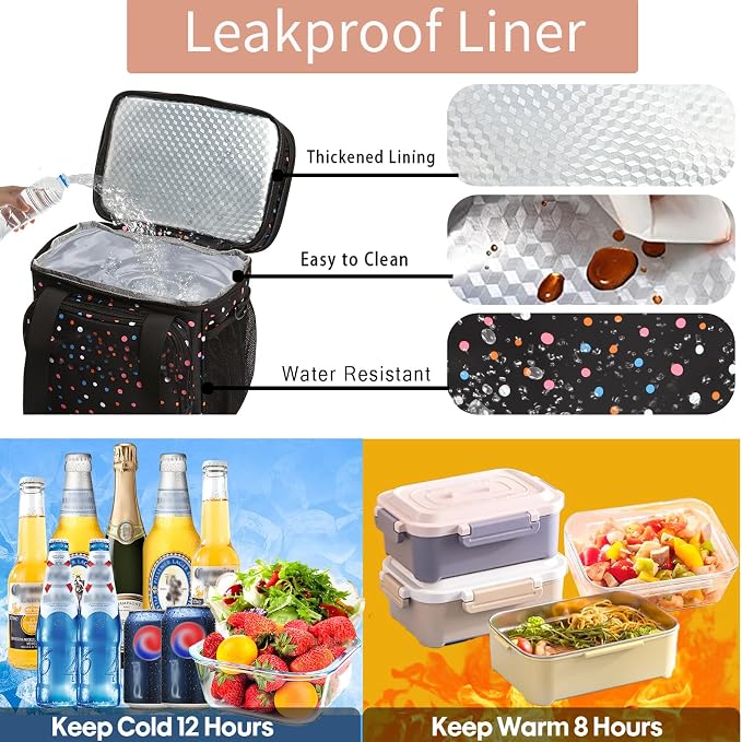 GLENKEY Expandable Lunch Box Cooler Bag - Insulated Soft Lunch Bag for Men Women - Large Lunchbox for Adults Work Camping Outdoor Travel Polka Dots 16L