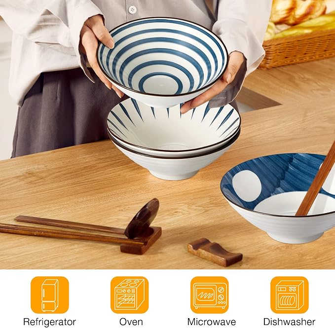 Geiserailie 40oz Ceramic Japanese Ramen Bowls Set of 4, 8 Inch Deep Asian Pho Udon Soup Noodle Bowls with Chopsticks, Spoons & Chopstick Rest -Microwave & Dishwasher Safe(Retro Style)