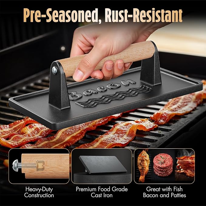 Pisol Pre-Seasoned Cast Iron Smash Burger Press, 2 lb Meat Press Tool | Rustproof, Pre-Seasoned, Flat Bottom, Square, Wooden Handle, Dishwasher Safe, No Stick, Easy to Clean, 6.6'' Wide, 2lb