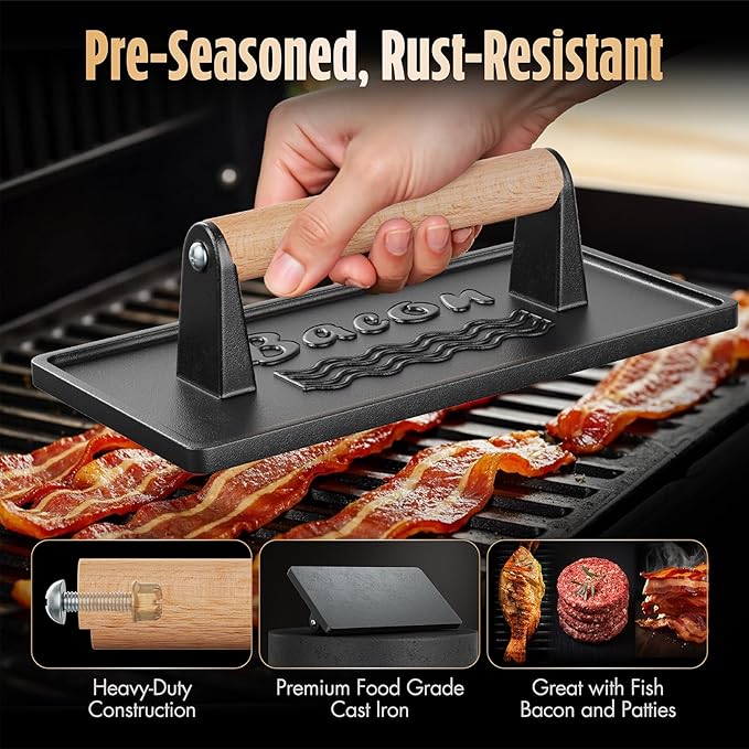 Pisol Pre-Seasoned Cast Iron Smash Burger Press, 2 lb Meat Press Tool, 2PCS | Rustproof, Pre-Seasoned, Flat Bottom, Wooden Handle, Dishwasher Safe, No Stick, Easy to Clean, 6.6'' Wide, 2lb