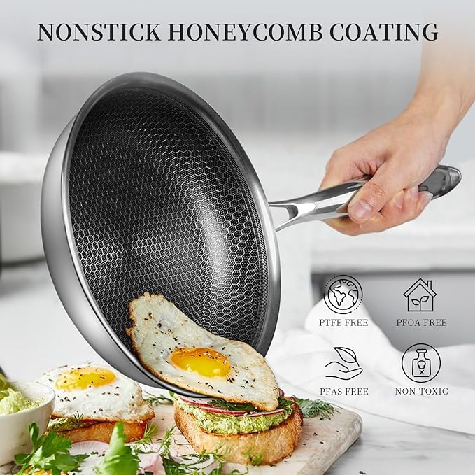 Innerwell Tri-Ply Stainless Steel Frying Pan Set with Lid,8 Inch,9.5 Inch and 11 Inch Nonstick Honeycomb Stainless Steel Cooking Skillet Set of 3 for Induction Gas Stovetops
