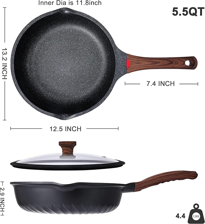 Vinchef Nonstick Deep Frying Pan Saute Pan with Lid, 12in/5.5Qt Fry Pan, German 3C+ Ceramic Coating Technology, Heat Indicator, Induction Compatible | Black German 3C+ toxin-free ceramic PFOA-free. Induction/gas compatible. Heat indicator handle. Light...