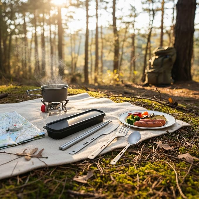 Pure Titanium Utility Cutlery Set with Case (5 Pcs) | Portable Tableware Titanium Utensil Set , Table Spoon Fork Chopsticks Knife set for Outdoor Travel Camping Backpacking