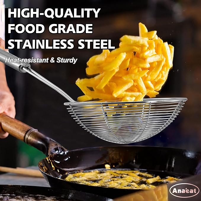 Anaeat 6.1" Stainless Steel Spider Skimmer, Professional Kitchen Pasta Strainer Spoon with Long Handle - Asian Strainer Ladle Wire Skimmer Spoons for Cooking and Frying