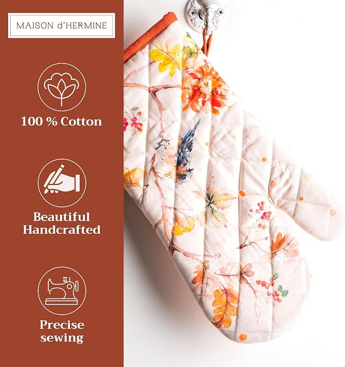 Maison d'Hermine Oven Gloves 100% Cotton Oven Mitt (7" x 13", Pack of 1) | With Loop Heat Resistant BBQ Cooking Gloves Baking Kitchen Handling Hot Pans Thanksgiving Christmas - Kelim - Prairie