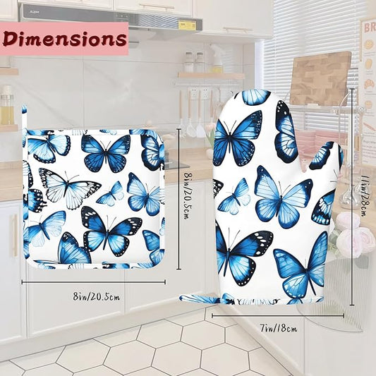 Blue Butterfly Heat-Resistant Silicone Oven Mitts and Pot Holder 4 Piece Set,Non-Slip Kitchen Oven Gloves for Baking, BBQ, Cooking,Grilling