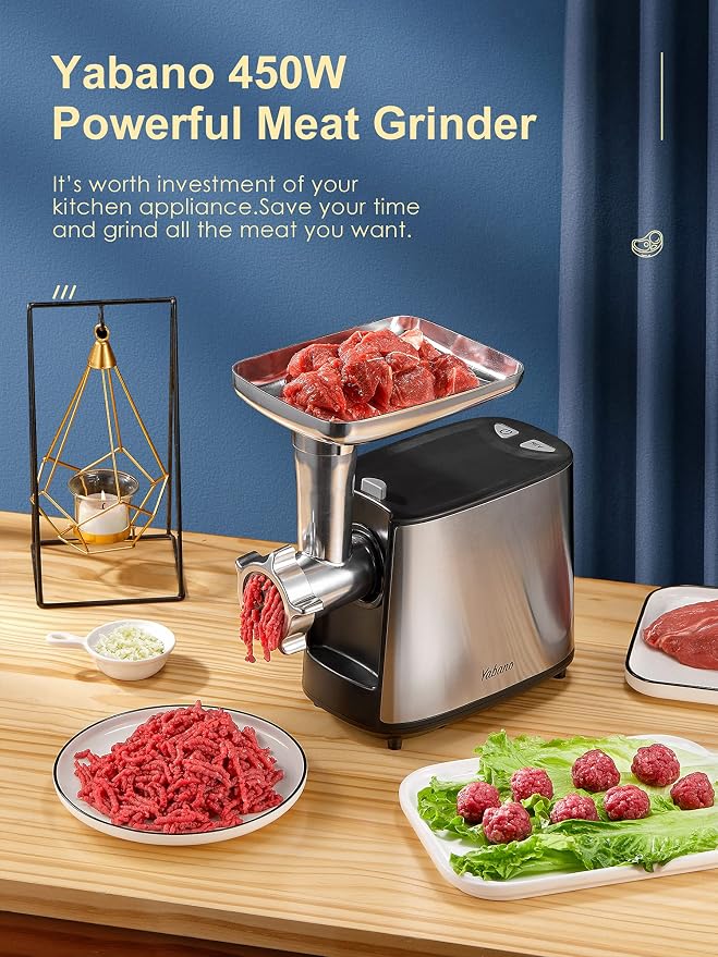 Yabano Electric Meat Grinder 3000W Max Heavy Duty Meat Mincer | Sausage Stuffer And Kubbe Kit, 2 Stainless Steel Grinding Plates, Silver And Black, For Home And Restaurant Prep