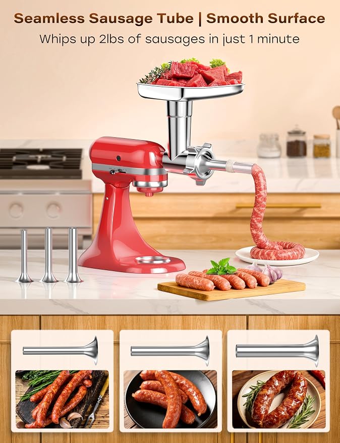 100% Polished Stainless Steel Meat Grinder Attachment for KitchenAid Mixer, Dishwasher Safe Food Grinder Attachment Anti-Corrosion, 18-Piece Set Includes 3 Seamless Sausage Stuffers, 4 Grinding Plates
