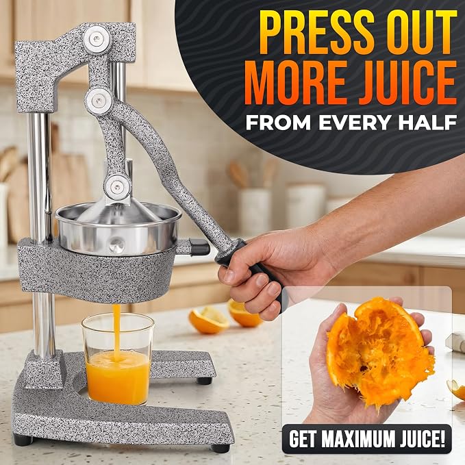 Cast Iron Juicer Hand Press, Heavy-Duty Squeezer, 304 Stainless Steel Bowl – One Pull Extracts Full Juice – Manual Citrus Press Juicer & Orange Squeezer for Lemon, Lime & Lemonade at Home Bar (Silver)