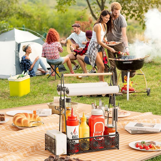 EKNITEY Outdoor Grill Caddy Organizer: BBQ Caddy with Paper Towel Holder | Metal, Camping Kitchen Accessories Rack, Utensil Condiment Storage, Floral Design, Easy Assembly, for Patio Camper Picnic RV