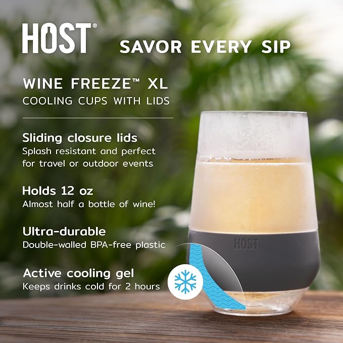 Host Freeze XL Double Wall Insulated Stemless Wine Glasses with Lids for Red and White Wines, On the Go Drink Chiller Tumblers for Beverages, Travel Gifts for Women and Moms, 12 oz, Set of 2, Gray