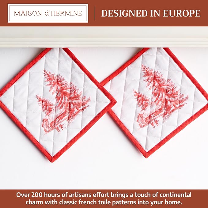 Maison d' Hermine Pot Holders 100% Cotton Potholders (8" x 8", Pack of 2) | Heat Resistant Hot Pads with Loop BBQ Cooking Baking Hotel Kitchen Handling Hot Pans Thanksgiving Christmas - Winter Jouy