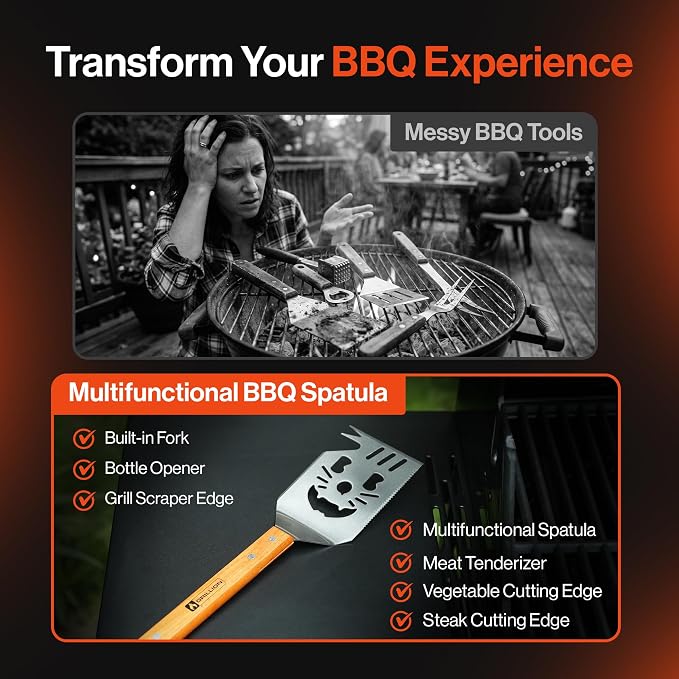 Stainless Steel Grill Spatula for Outdoor Grill, 7-in-1 BBQ Spatulas Turner, Fork & Tongs, Heavy Duty Metal Grilling Spatula with Bottle Opener, Multifunctional Barbecue Grilling Tool