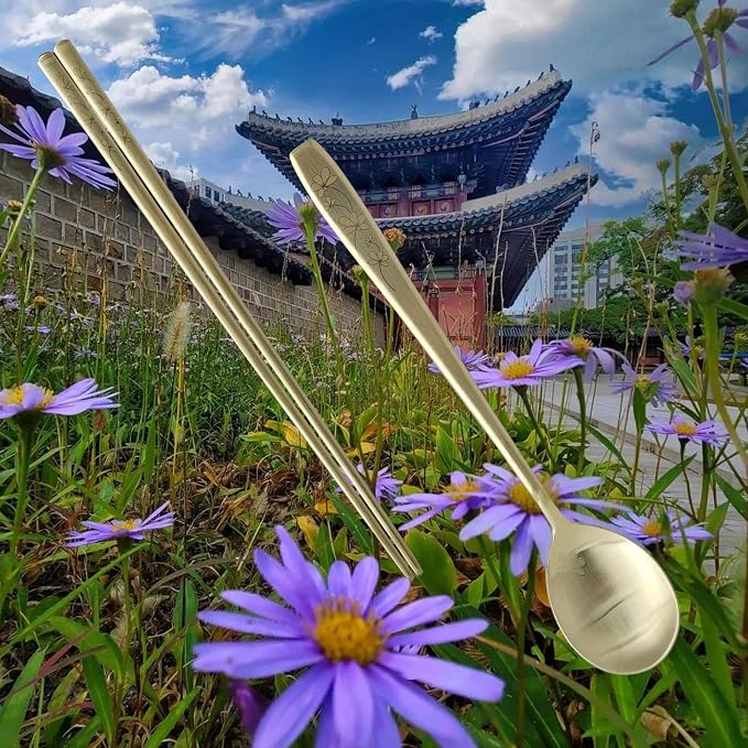 [5 Sets] [Made in Korea] Korean Sticky Rice Spoon Chopsticks Set Gold Titanium Plating 304 Stainless Steel Tableware Cutlery Set Mukbang Chopsticks (Cosmos TITANIUM, 5 Sets)