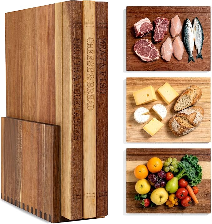 Book Cutting Board Set with Wooden Stand for Home Cooks | 3 Labeled Boards for Fruits Veggies,Meat Fish,Bread Cheese Organized Prep,No Cross Contamination