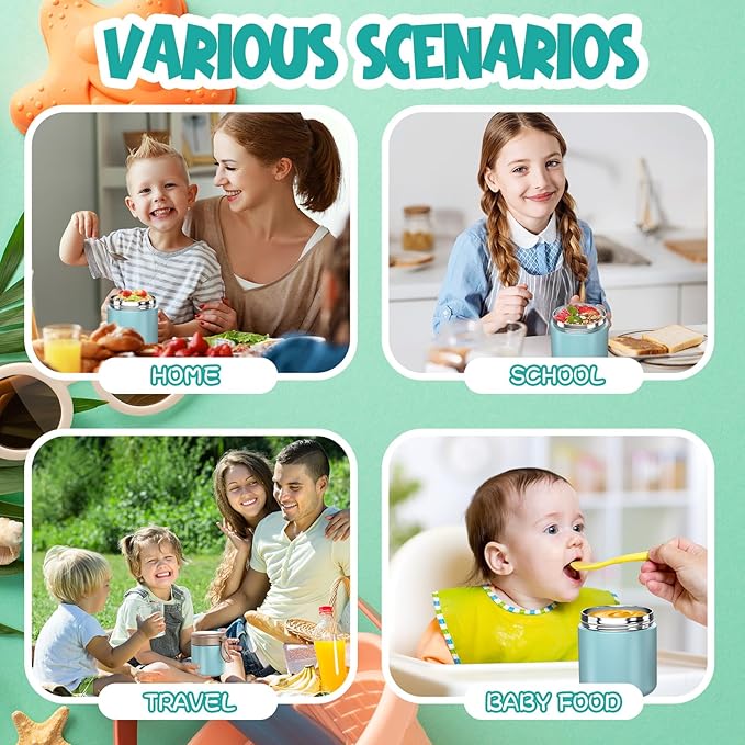 Thermo for Hot Food Kids - 15.2oz with Folding Spoon and Silicone handle | Leak Proof Insulated Food Jar, Soup Thermo, Wide Mouth Insulated Lunch Containers, Dishwasher Safety