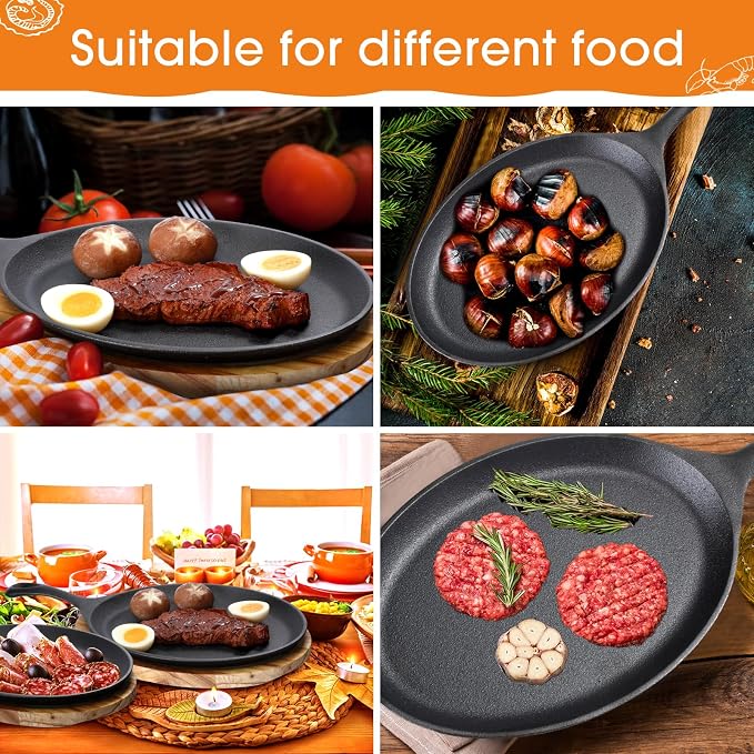 Lallisa 4 Sets Cast Iron Fajita Plate Set Fajita Plate Pan with Wooden Tray Anti Scald Protection Hot Mitt Cast Iron Skillet Set for Home Barbecue Kitchen Party Restaurant Catering Service