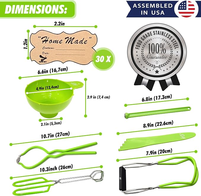 Supa Ant Canning Supplies - USA Assembled & Certified Food Grade Stainless Steel Starter Set Canning Kit for Beginners - Wide Kitchen Funnel, Jar Lifter and Wrench, Bubble Popper/Measurer, Lid Lifter