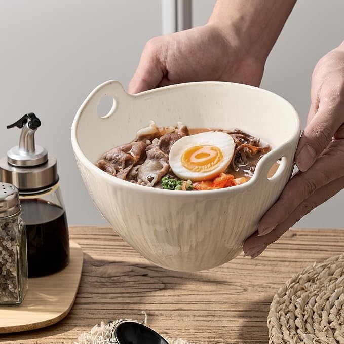 Ramen Bowl with Chopsticks and Spoons Set, 7 Inch Ceramic Noodle Bowl Set of 2, Donburi Bowl Dishwasher Safe for Pho Udon Soba Noodle Salad Pasta, Special Aged Ivory Speckle Bowls Set