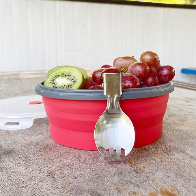 CCyanzi 1200ml Collapsible Camping Bowl Silicone Food Storage Container with Lid and Foldable Stainless Steel Fork Spoon, for Picnic, Travel, Camping, RV, Fridge and Microwave Bowls