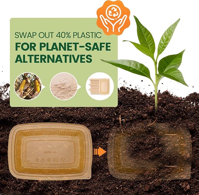 100 Piece (50 Pack) Meal Prep Containers with Lids,32 oz Resuable Cornstarch Material Salad Containers, Plant-based Lunch Boxes, Plastic Take Out Bowls BPA Free, Microwave Freezer Safe, Stackable