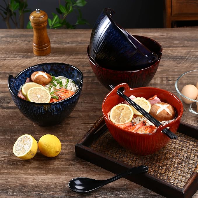Ramen Bowl Set with Chopsticks and Spoons, Ceramic Noodle Bowl Set of 2, Donburi Bowl, Dishwasher Safe for Pho Udon Soba Noodle Salad Pasta, Special Reactive Glazed Crimson Bowls Set