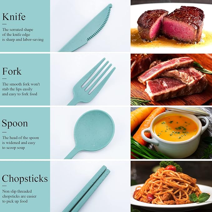 DISSKNIC Reusable Utensils Set with Case, 6 Sets Travel Utensils with Case, Wheat Straw Portable Cutlery Set Chopsticks Knives Fork and Spoon for Lunch Box Accessories