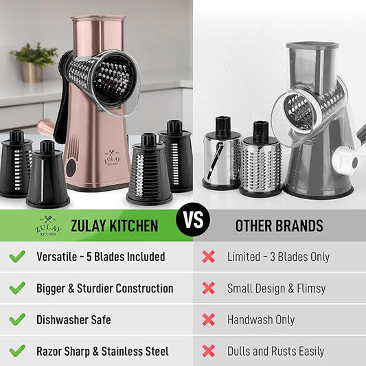 Zulay Kitchen Rotary Cheese Grater 5 Blade Cheese Shredder - Manual Hand Crank Cheese Grater With Reinforced Suction & 5 Interchangeable Drums - Easy to Use, Vegetable Chopper Round Mandoline Slicer