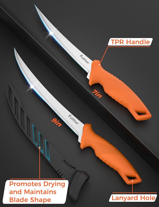 3 pcs Fillet Knife for fish,Stainless Steel Fishing Knife | 9 Inch and 7 Inch Filet Knives,5 Inch Fishing Bait Knife with Non-Slip Handle,Fishing Gear Set with Protective Sheath