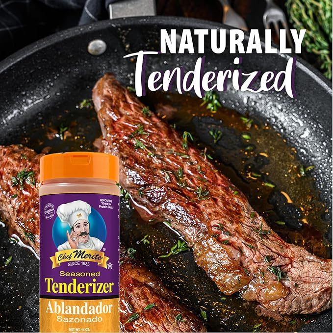 Chef Merito Seasoned Meat Tenderizer, Beef, Pork & Poultry, 14 oz Jar | Tenderizes and seasons in one step, for steaks, chops, roasts & ribs, authentic Latin flavor