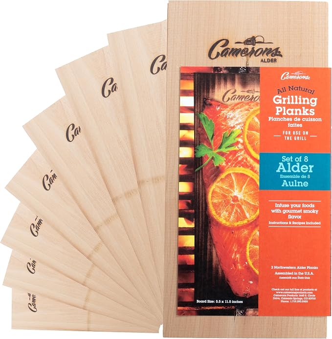 Camerons Alder Grilling Planks - 8 Pack (5.5"x11.5") - Premium Natural Alder Wood - Easily Infuse Smoky Flavor into BBQ Salmon, Fish, Pork, Veggies, and More - Sourced in the USA - Grilling Gift Idea