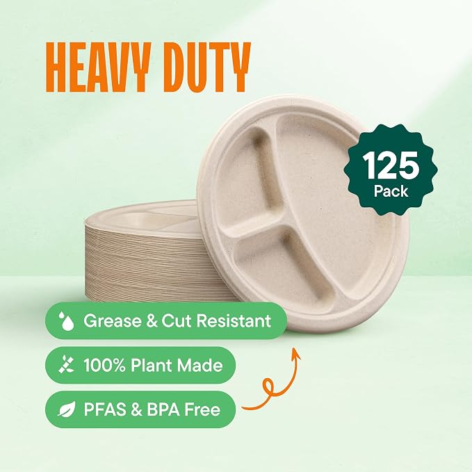 100% Compostable, 3 Compartment, Disposable Paper Plates [125-Pack] - {PFAS Free} - {BPA Certified} - [9 Inch] Heavy Duty Biodegradable Bagasse Sectional Lunch Trays + Dividers - Divided Platte Tray | Eco-Friendly Biodegradable 3-Compartment Lunch Tray...
