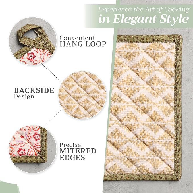 Maison d' Hermine Pot Holders 100% Cotton Potholders (8" x 8", Pack of 1) | Heat Resistant Hot Pads with Loop BBQ Cooking Baking Hotel Kitchen Handling Hot Pans Thanksgiving Christmas - Damask