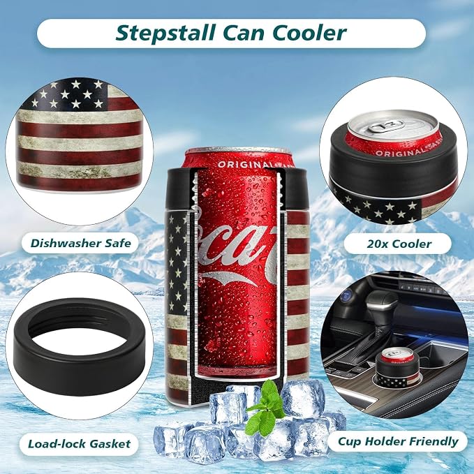 Stepstall 14 oz. Beer Bottle and Can Cooler with Beer Opener,3 in 1 Slim Can Beer Bottle Insulators Holder, Stainless Steel Double Walled Insulated Can Cooler for Beer,Soda, Flag