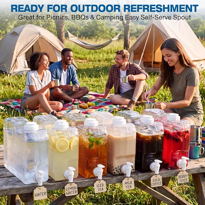 Funnymoom 6 Pcs Drink Water Dispenser for Fridge 1.1 Gallon Beverage Dispenser with Spigot Plastic Reusable Refrigerator Water Dispensers Waters Jug Container for Party Outdoors Camping Hiking Home
