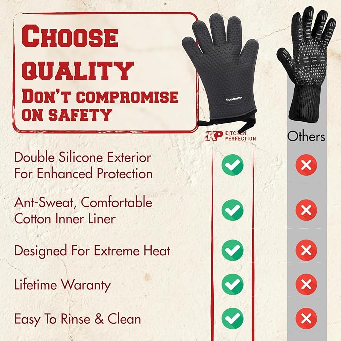 KITCHEN PERFECTION Silicone Griddle Grill Gloves Heat Resistant Oven Mitts | Waterproof, 5-Finger Design For A Better Grip, Best Griddle Grilling Accessories, Compatible with Blackstone, Weber & More