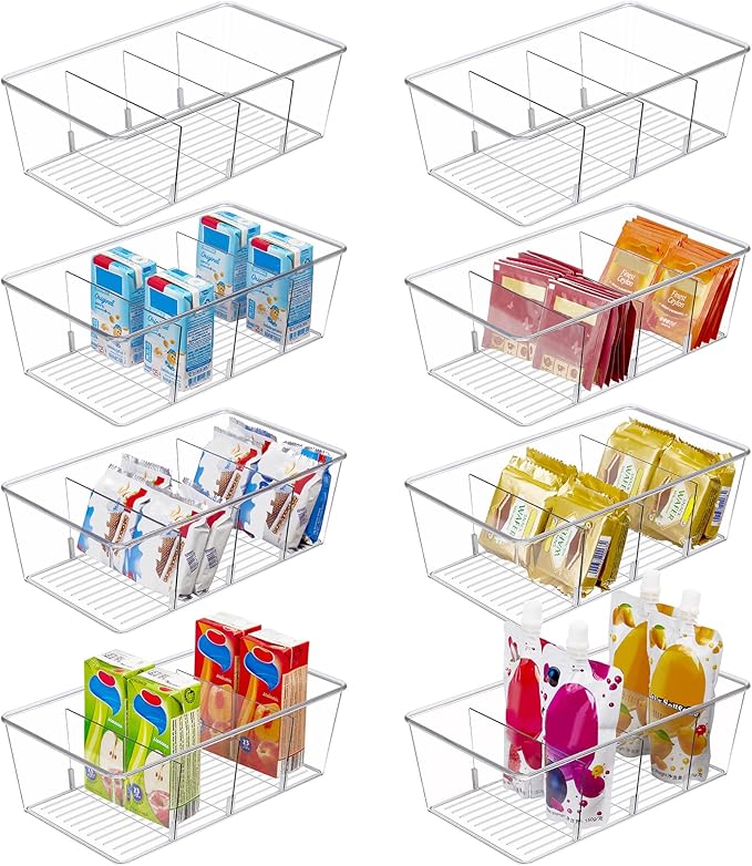 Vtopmart 8 Pack Food Storage Organizer Bins, Clear Plastic, 4 Compartments | For Pantry, Kitchen, Fridge and Cabinet Organization, Organize Food Packets, Snacks, Pouches and Spice Packets