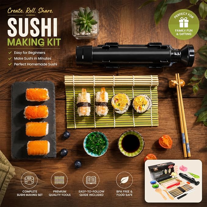 FUNGYAND Sushi Making Kit, 27-in-1 Complete Sushi Set | with Bazooka Roller, Nigiri & Musubi Presses, Bamboo Mats, Knife, Cutting Mold, Ceramic Dishes