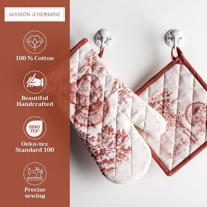 Maison d' Hermine 100% Cotton Oven Mitt & Pot Holder Set (7.5"x13" & 8"x8") | Heat Resistant BBQ Cooking Gloves with Loop Baking Kitchen Hotel Home Farmhouse Thanksgiving Christmas - Holy Jouy - Brown