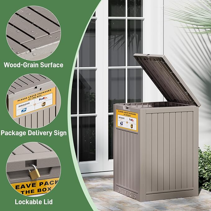 Package Delivery Box for Outside with Sign, Secure Lockable Waterproof Package Delivery Container, Resin Deck Box for Porch & Garden, Grey