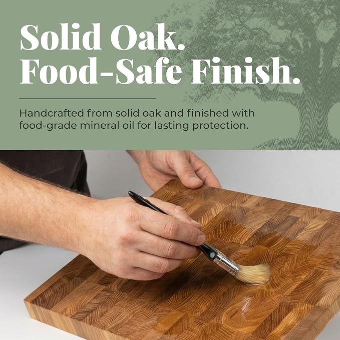 End Grain 12"x10" European Oak Wood Cutting Board with Non-Slip Feet & Handles, Charcuterie Board, Knife-Friendly, Serving Cutting Board for Kitchen
