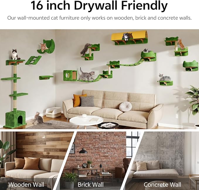 Cat Wall Furniture, 26 in 1 Cat Shelves w/Cat Tree, Tunnel, Green | Wall Mounted Cats Furniture Set w/Plush Fabric, Cat Climbing Systems for 16 Inch Drywall, with Scratching Posts, Bridge, Moon