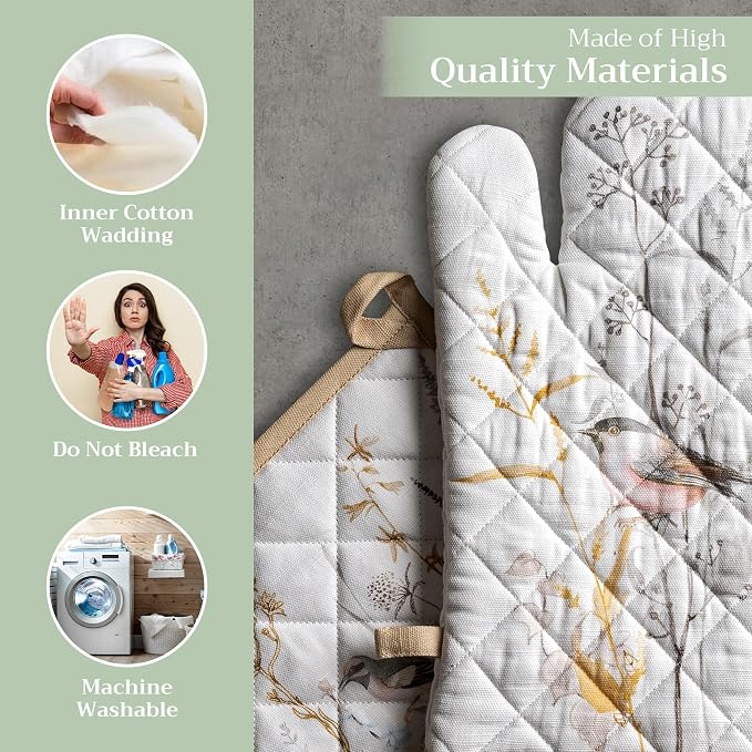 Maison d' Hermine 100% Cotton Oven Mitt & Pot Holder Set (7.5"x13" & 8"x8") | Heat Resistant BBQ Cooking Gloves with Loop Baking Grilling Kitchen Home Farmhouse Spring Summer - Meadow Florals - Beige