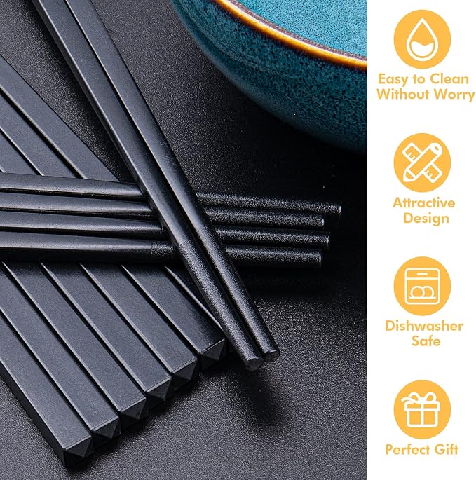 Fiberglass Chopsticks Set, 9.5 Inch, Pure Black, 5 Pairs | Dishwasher Safe, Reusable, Japanese Chinese Style, Non-Slip, Easy to Use