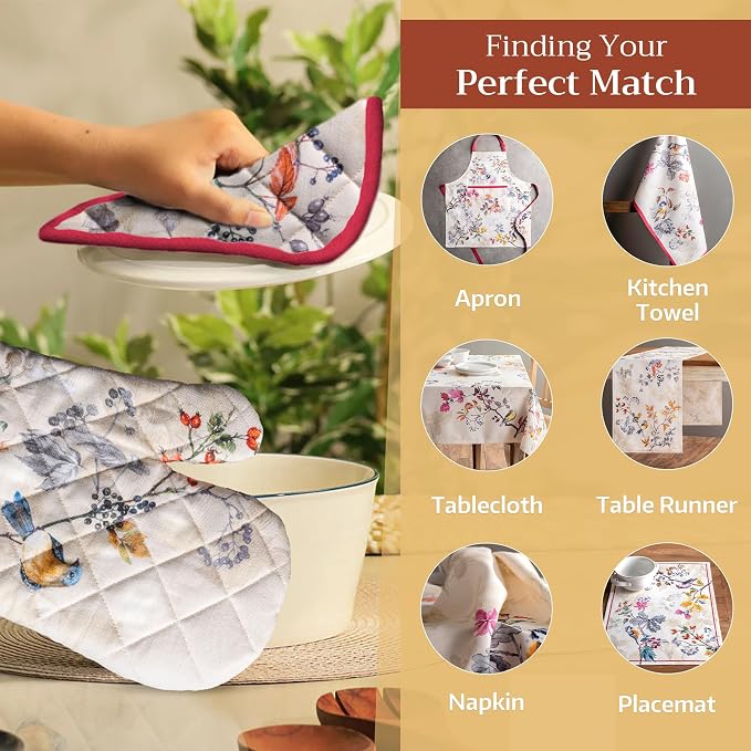 Maison d' Hermine 100% Cotton Oven Mitt & Pot Holder Set (7.5"x13" & 8"x8") | Heat Resistant BBQ Cooking Gloves with Loop Baking Kitchen Hotel Home Farmhouse Thanksgiving Christmas - Equinoxe - Beige