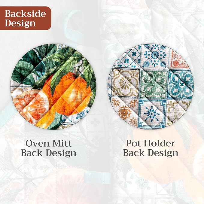 Maison d' Hermine 100% Cotton Oven Mitt & Pot Holder Set (7.5"x13" & 8"x8") | Heat Resistant BBQ Cooking Gloves with Loop Baking Grilling Kitchen Hotel Home Farmhouse Spring Summer - Agrume