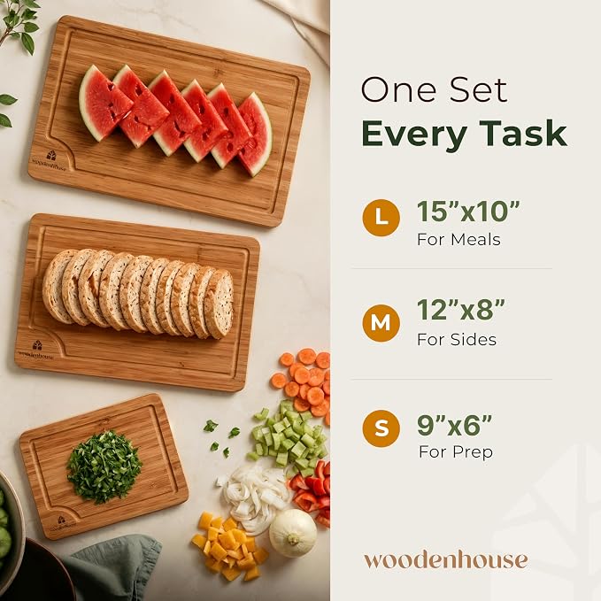 Wooden Cutting Board Set of 3 – Bamboo Wood Cutting Boards for Kitchen | with Deep Juice Grooves & Built-In Handles – Large, Non-Toxic, Easy to Clean Chopping Boards for Meat, Vegetables & Fruits