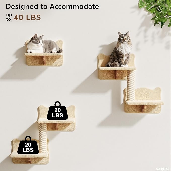 Cat Wall Furniture, 16 in 1 Cat Shelves w/Tunnel & Bridge, Beige | Wall Mounted Cats Shelf Set with Plush Fabric, Cat Climbing Wall Systems for 16 Inch Drywall, with Scratching Posts, Condos