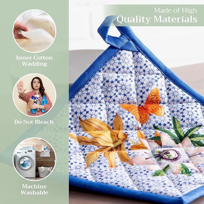 Maison d' Hermine Pot Holders 100% Cotton Potholders (8" x 8", Pack of 2) | Heat Resistant Hot Pads with Loop BBQ Cooking Baking Farmhouse Kitchen Handling Hot Pans Spring Summer - Passiflora