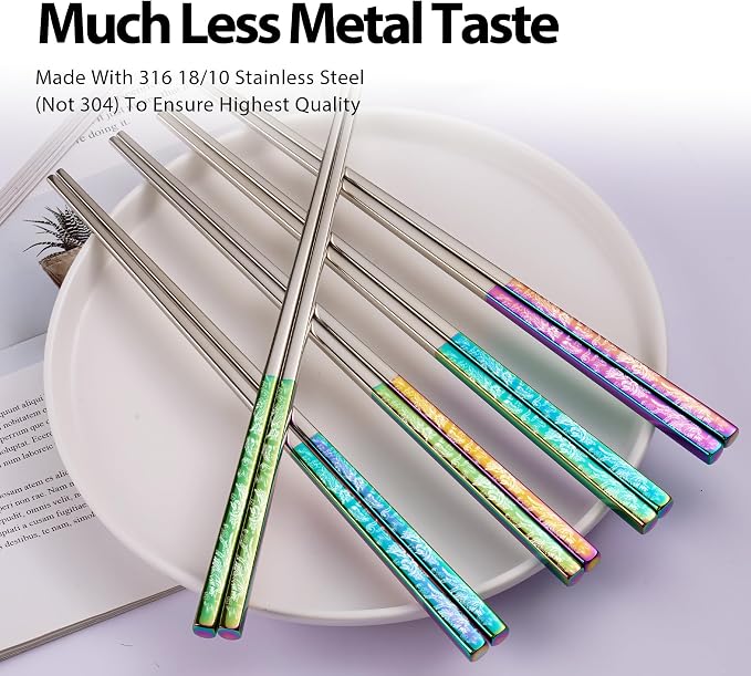 Phoenix Chopsticks Metal Reusable Designed In Korea Japanese Style Stainless Steel 316 18/10 Non-Slip Dishwasher Safe Laser Etched (Rainbow - 5 Pairs)